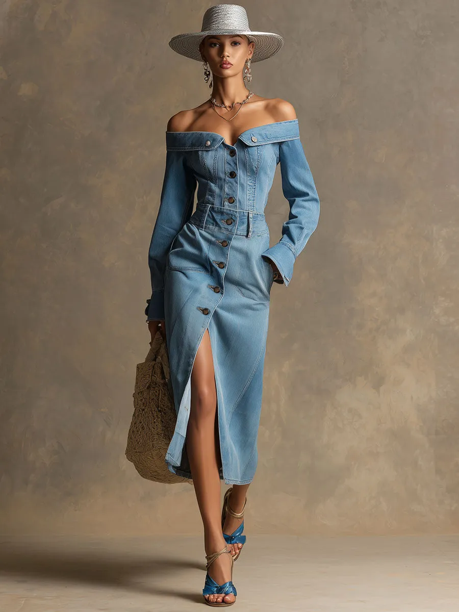Fashionable Retro Off-shoulder Light Blue Denim Long-sleeved Midi Dress sold by Oyrosy product image thumbnail 2