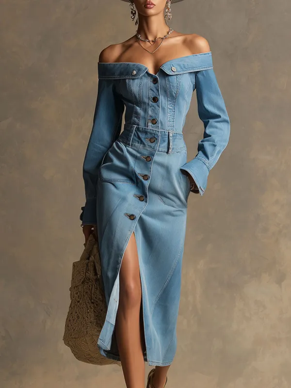 Fashionable Retro Off-shoulder Light Blue Denim Long-sleeved Midi Dress sold by Oyrosy