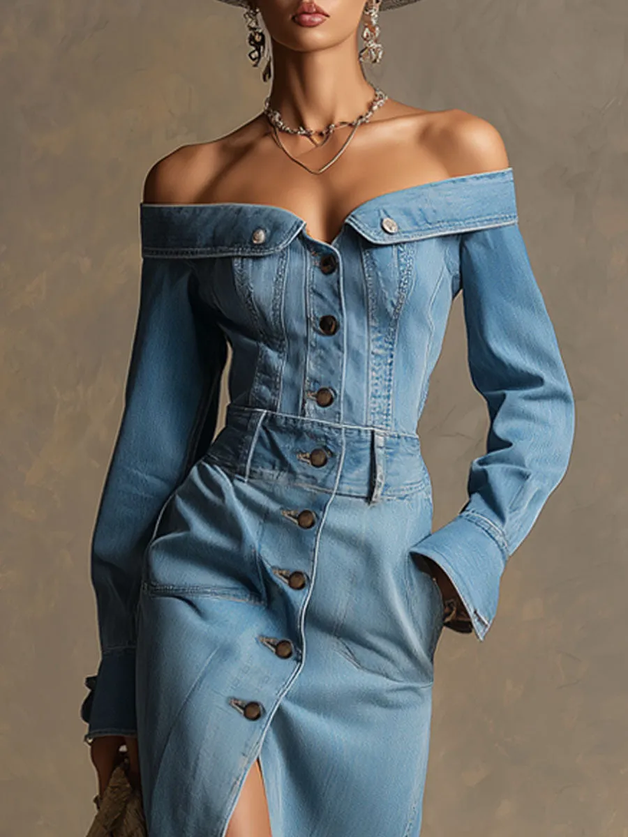 Fashionable Retro Off-shoulder Light Blue Denim Long-sleeved Midi Dress sold by Oyrosy product image thumbnail 3