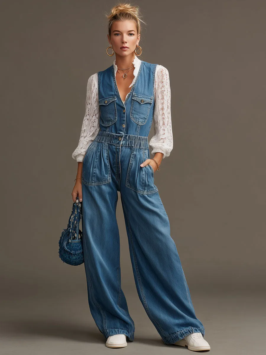 Fashionable Retro Blue Denim Elastic Waist Sleeveless Wide-leg Jumpsuit sold by Oyrosy product image thumbnail 2