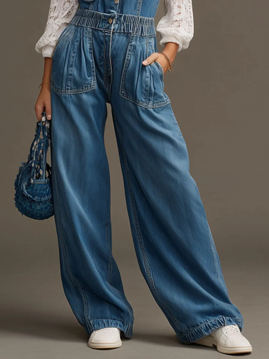 Fashionable Retro Blue Denim Elastic Waist Sleeveless Wide-leg Jumpsuit sold by Oyrosy product image thumbnail 4
