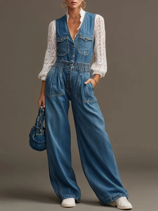 Fashionable Retro Blue Denim Elastic Waist Sleeveless Wide-leg Jumpsuit sold by Oyrosy
