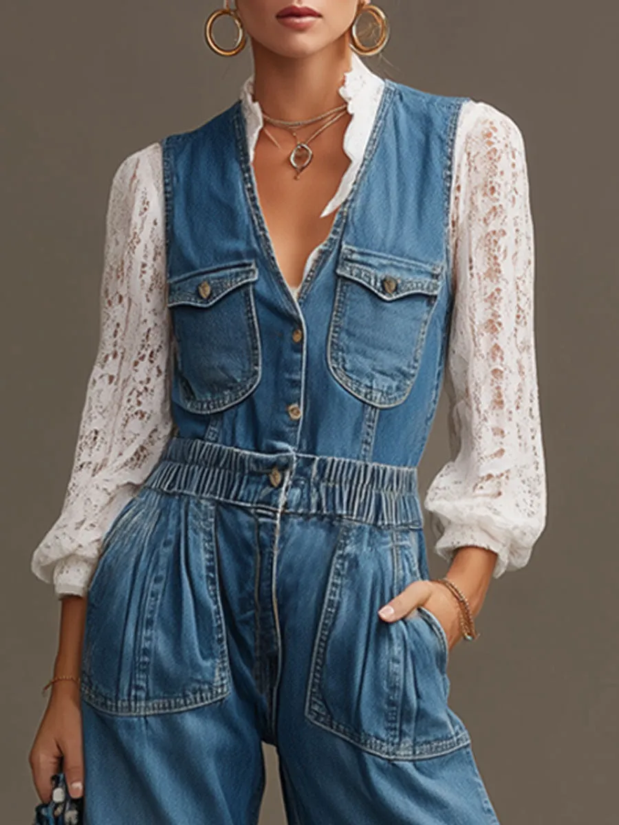 Fashionable Retro Blue Denim Elastic Waist Sleeveless Wide-leg Jumpsuit sold by Oyrosy product image thumbnail 3