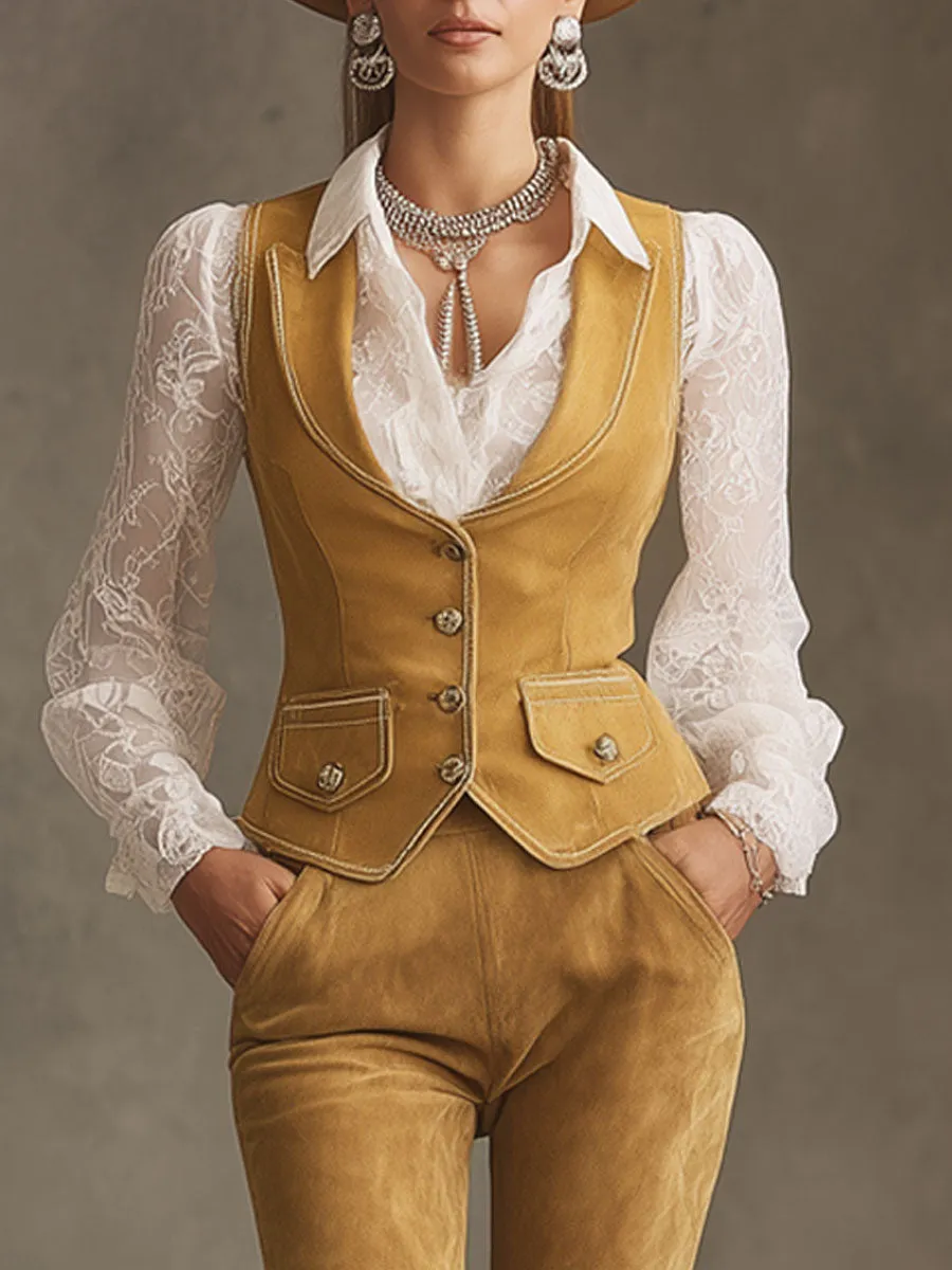 Western Retro Yellow Faux Suede Vest And Trousers Set sold by Oyrosy product image thumbnail 4
