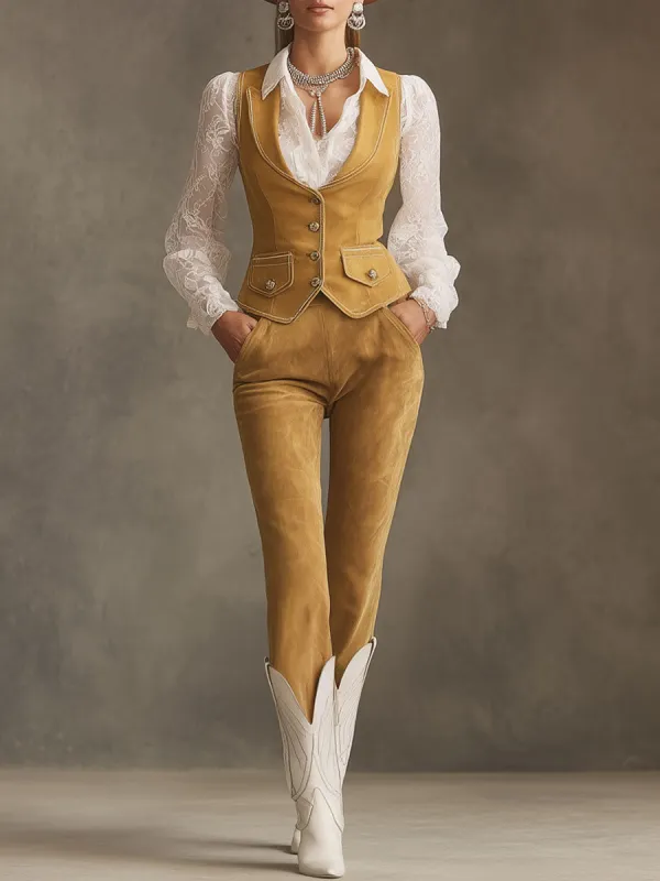 Western Retro Yellow Faux Suede Vest And Trousers Set made by Oyrosy