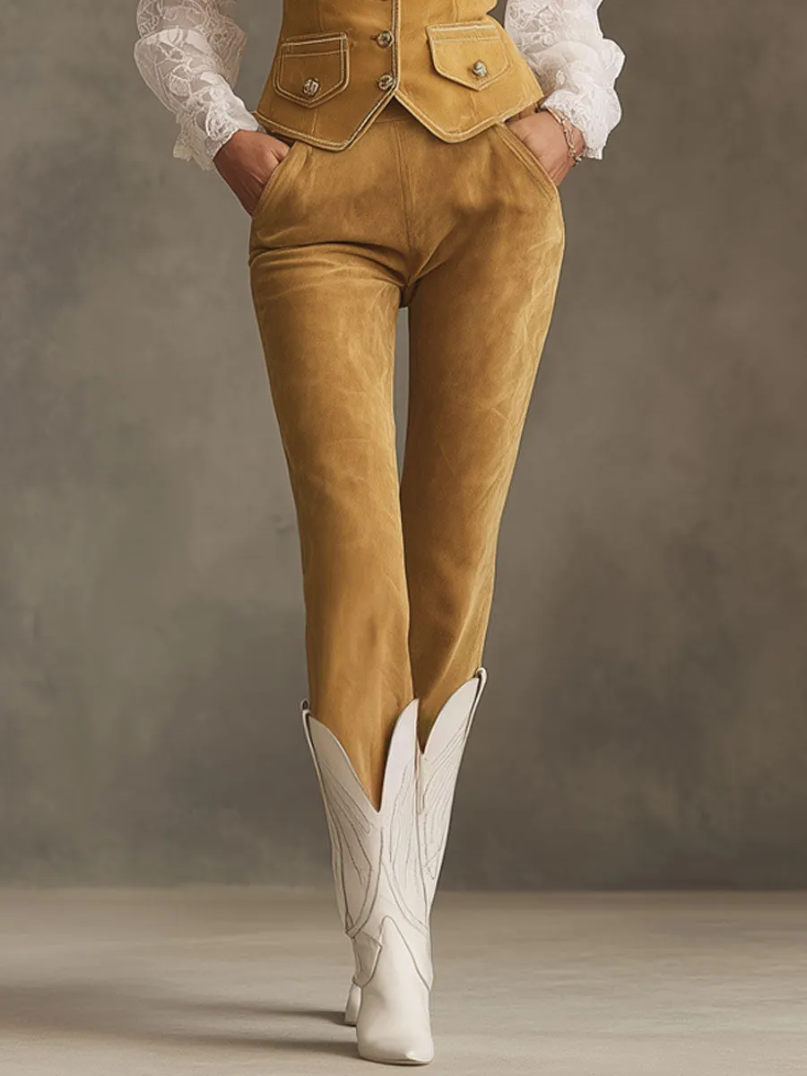 Western Retro Yellow Faux Suede Vest And Trousers Set sold by Oyrosy product image thumbnail 3