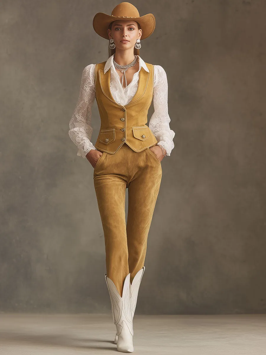 Western Retro Yellow Faux Suede Vest And Trousers Set sold by Oyrosy product image thumbnail 2