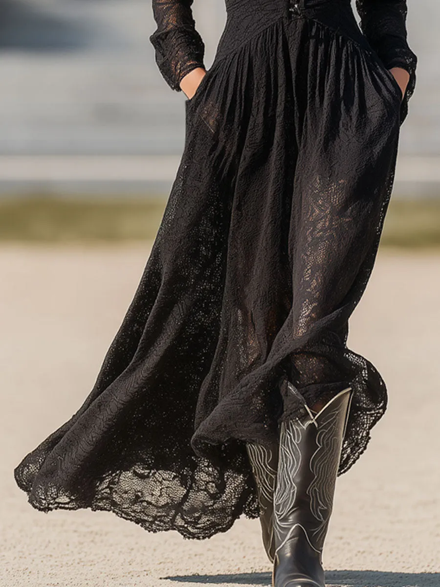 Western Retro V-neck Black Lace Long-sleeved Maxi Dress sold by Oyrosy product image thumbnail 4