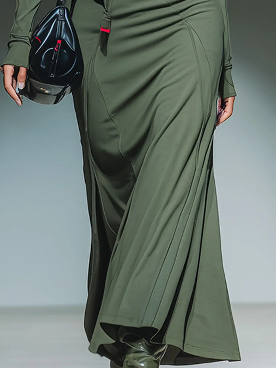 Casual Sporty Green Hooded Half-zip Maxi Dress sold by Oyrosy product image thumbnail 4