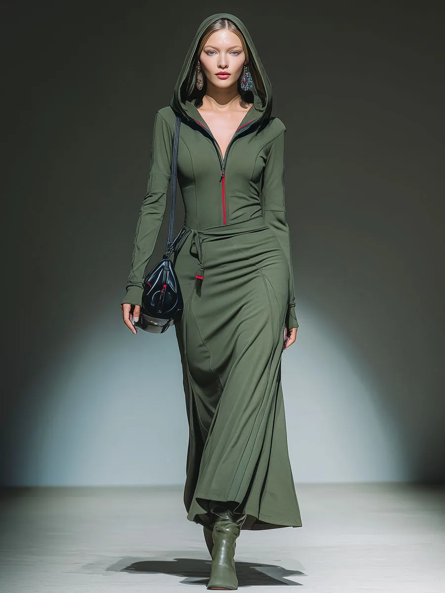 Casual Sporty Green Hooded Half-zip Maxi Dress sold by Oyrosy product image thumbnail 2