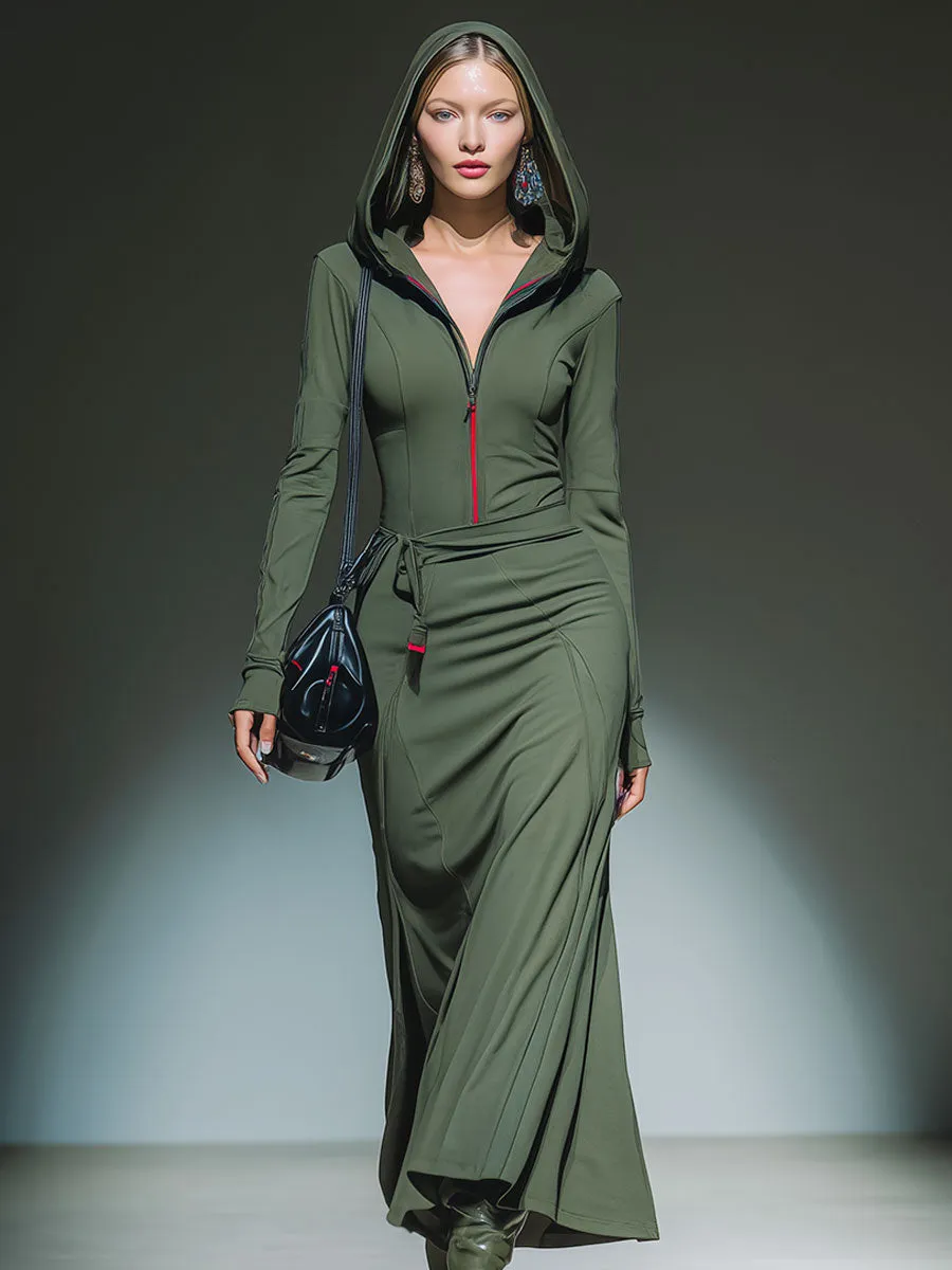 Casual Sporty Green Hooded Half-zip Maxi Dress sold by Oyrosy