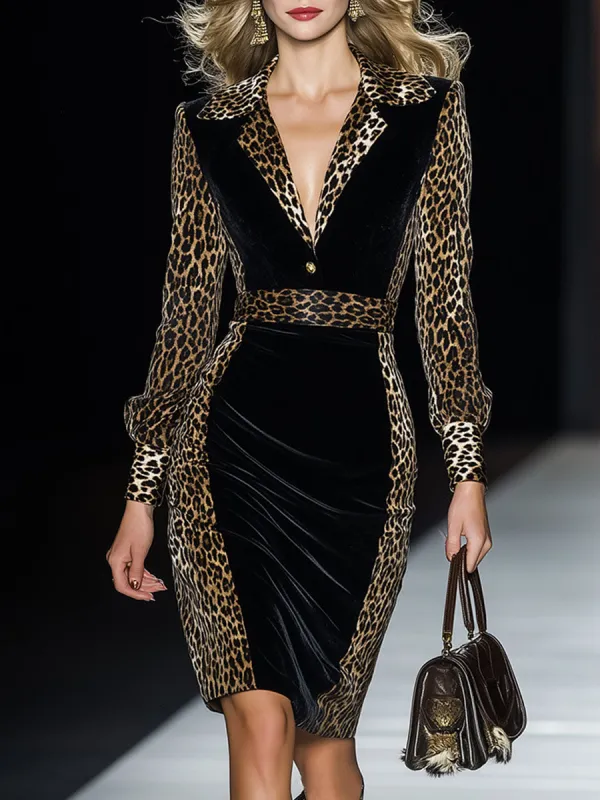 Stylish Retro Leopard Print Black Velvet Midi Dress sold by Oyrosy