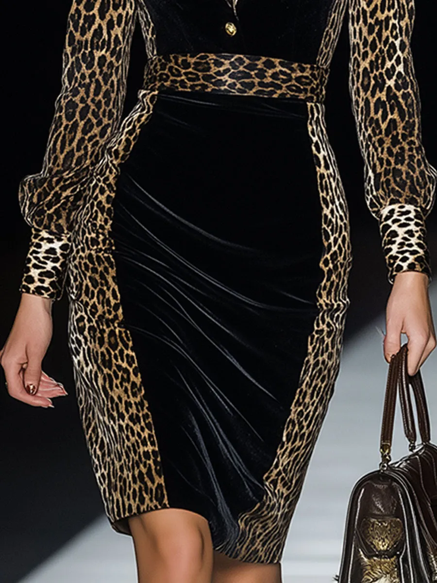 Stylish Retro Leopard Print Black Velvet Midi Dress sold by Oyrosy product image thumbnail 4