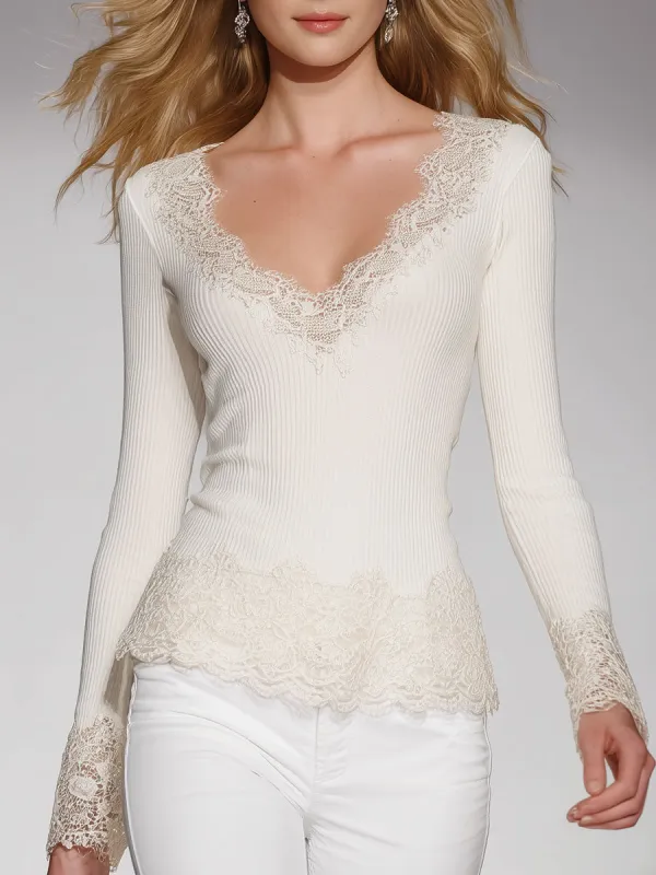 Stylish And Sexy Lace V-Neck White Knitted Sweater sold by Oyrosy