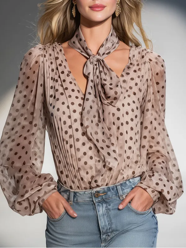 Loose And Stylish Brown Polka Dot Khaki Chiffon Shirt made by Oyrosy