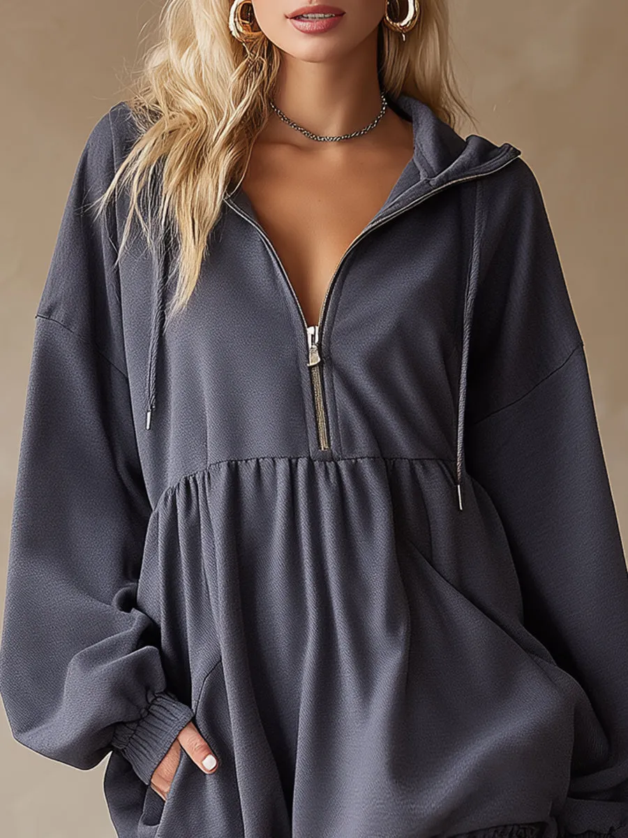 Casual Loose-fitting Zipper Gray Hooded Mini Dress sold by Oyrosy product image thumbnail 3