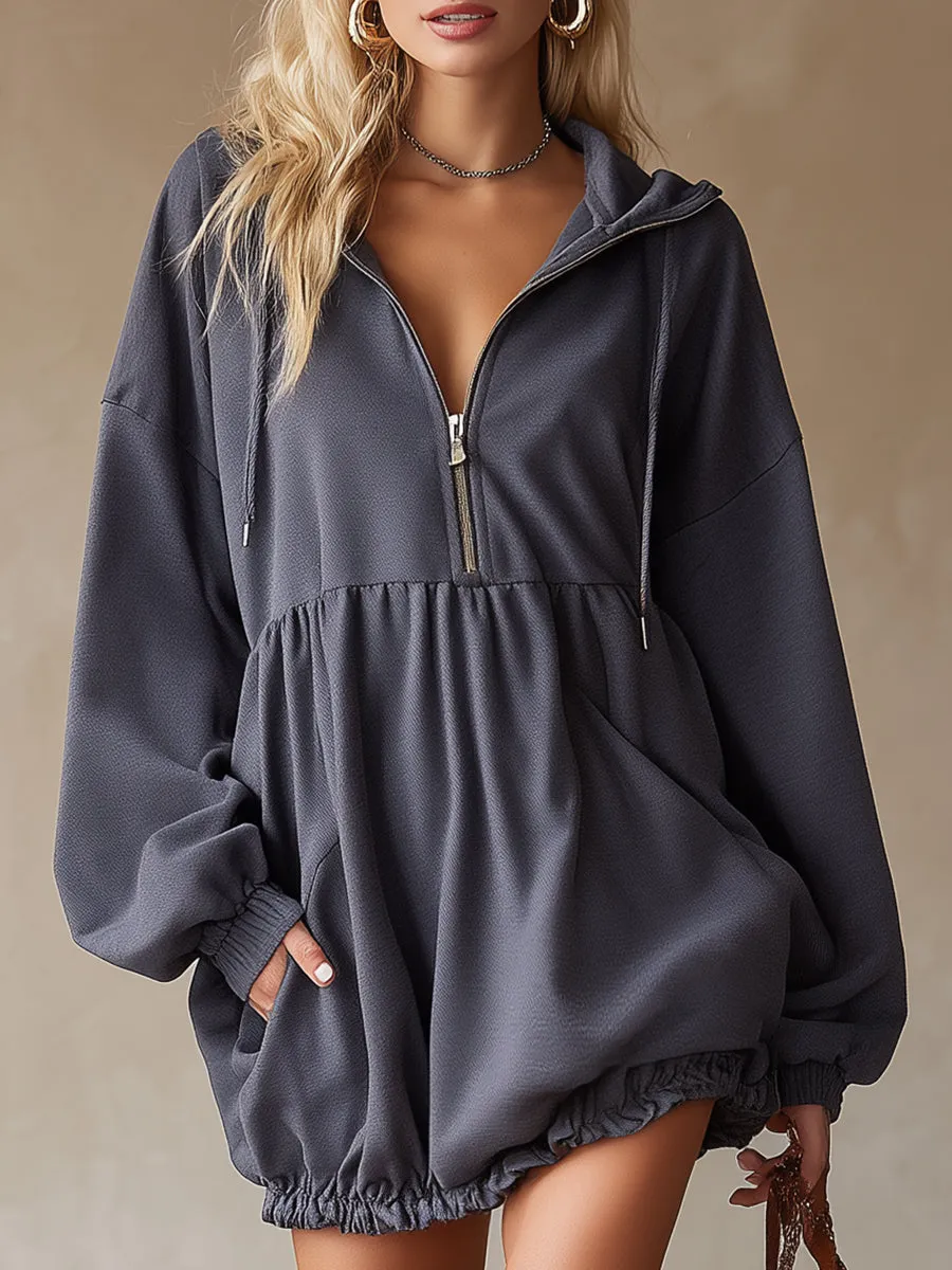 Casual Loose-fitting Zipper Gray Hooded Mini Dress sold by Oyrosy