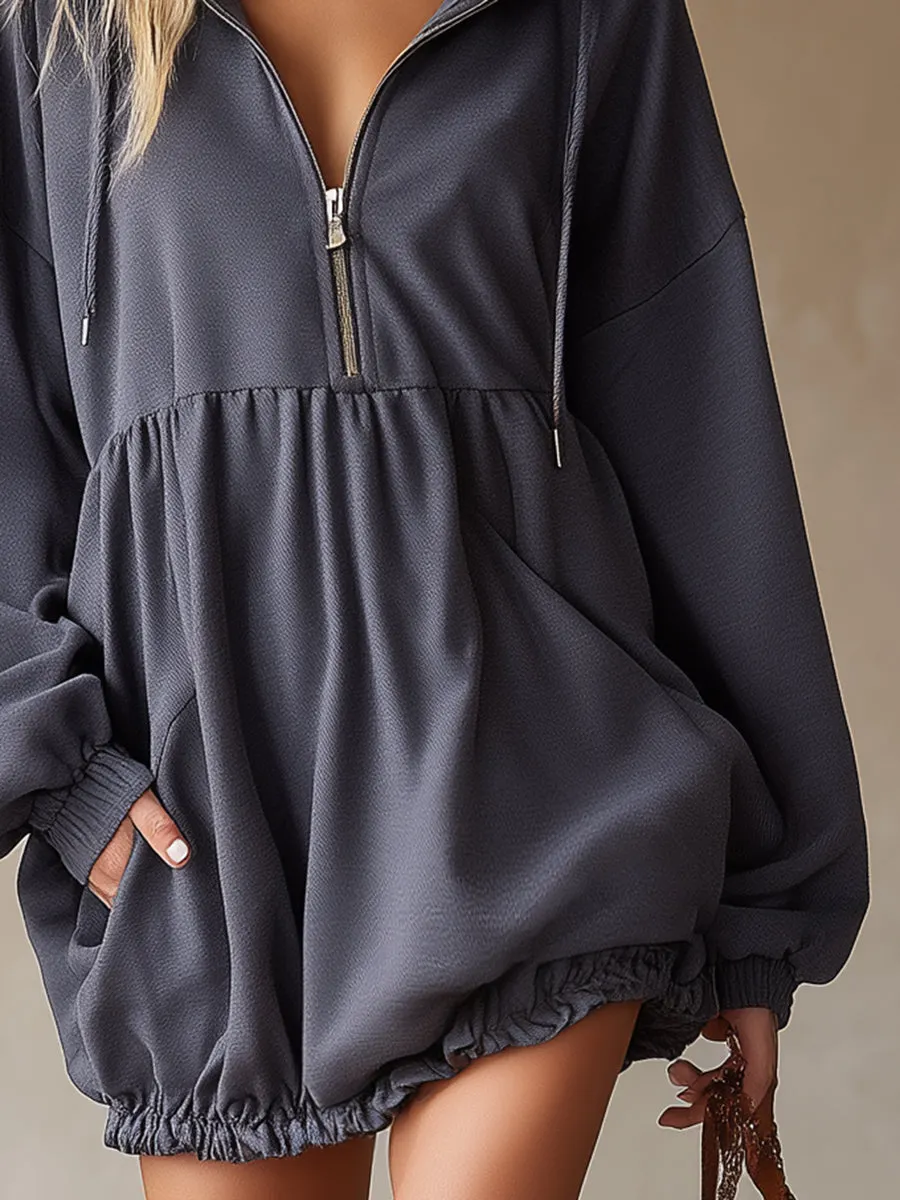 Casual Loose-fitting Zipper Gray Hooded Mini Dress sold by Oyrosy product image thumbnail 4