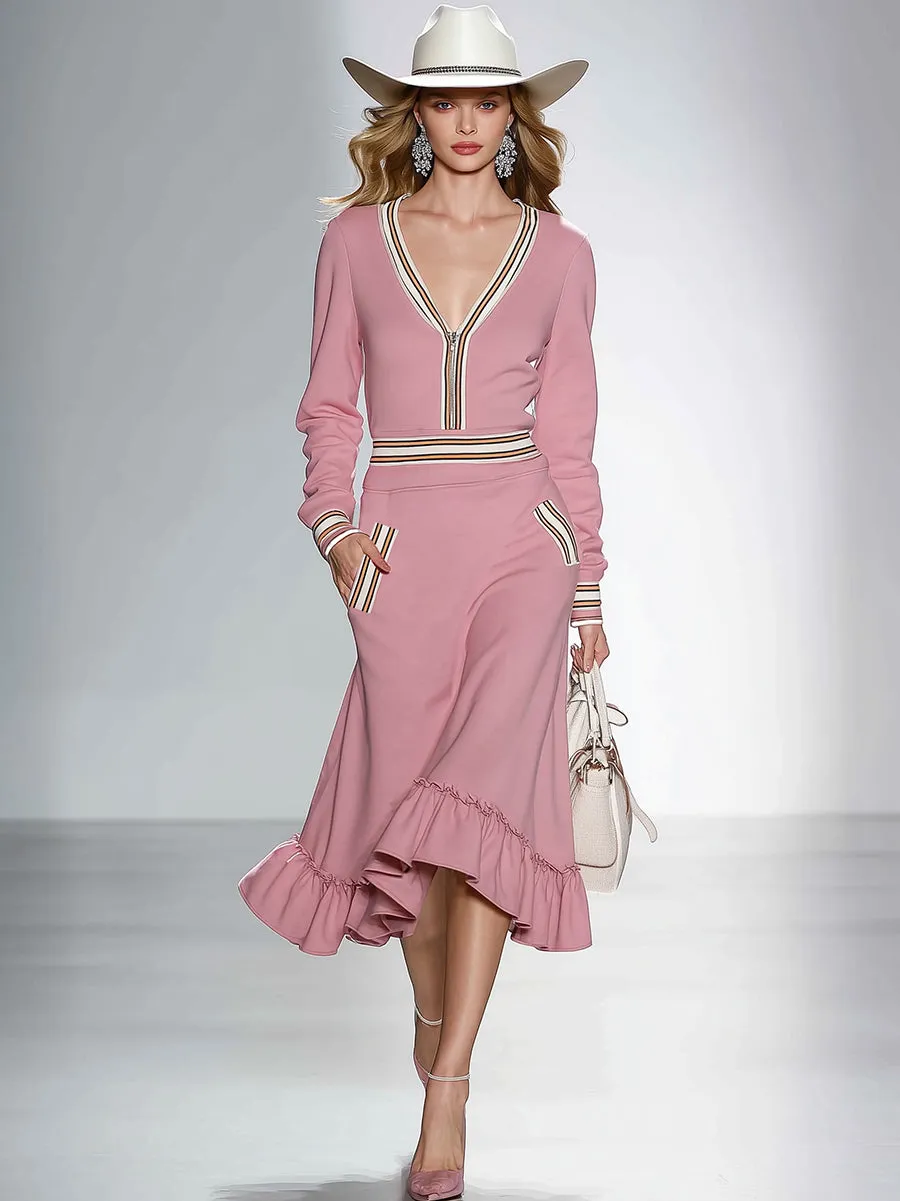 Fashionable And Casual Ruffled Hem Pink V-neck Midi Dress sold by Oyrosy product image thumbnail 2