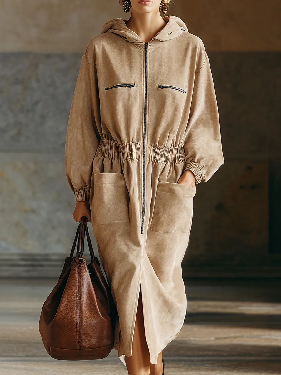 Casual And Stylish Multiple Pockets And Zippe Beige Hooded Midi Dress sold by Oyrosy