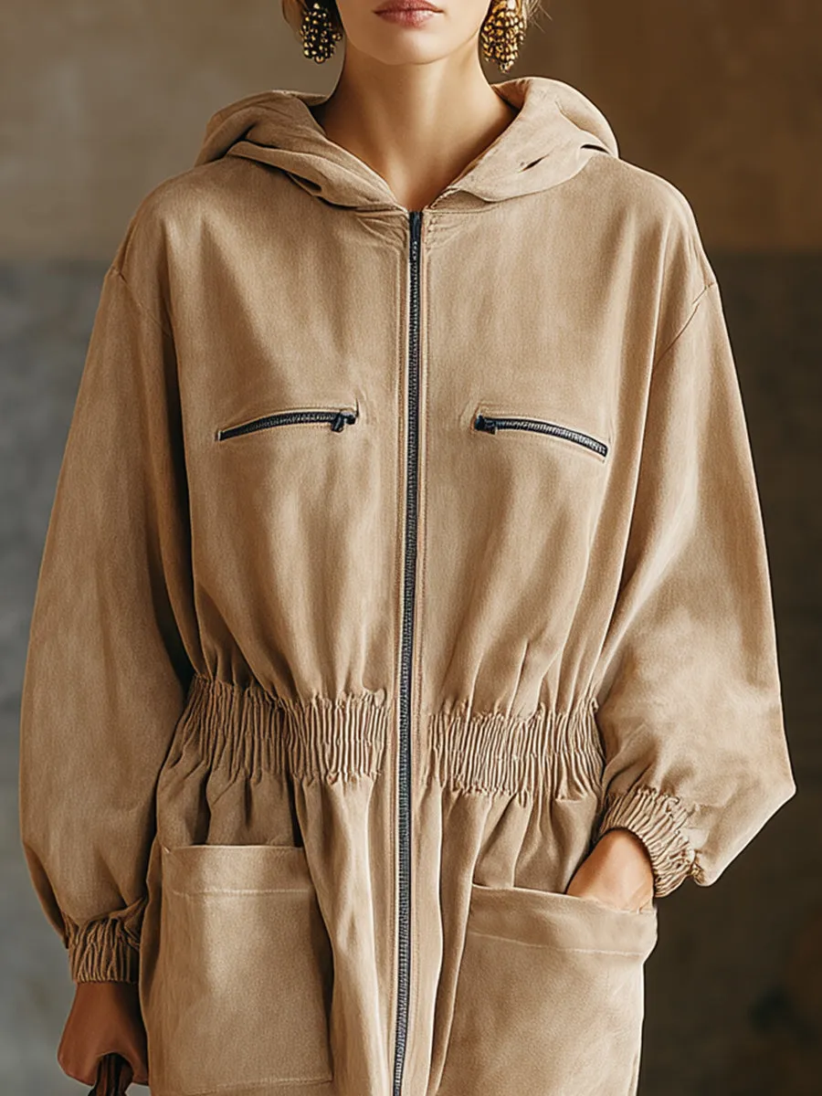 Casual And Stylish Multiple Pockets And Zippe Beige Hooded Midi Dress sold by Oyrosy product image thumbnail 3