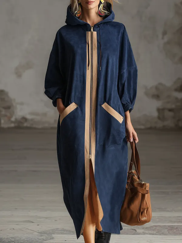 Loose-fitting, Casual Beige-trimmed Navy Blue Faux Suede Hooded Maxi Dress sold by Oyrosy