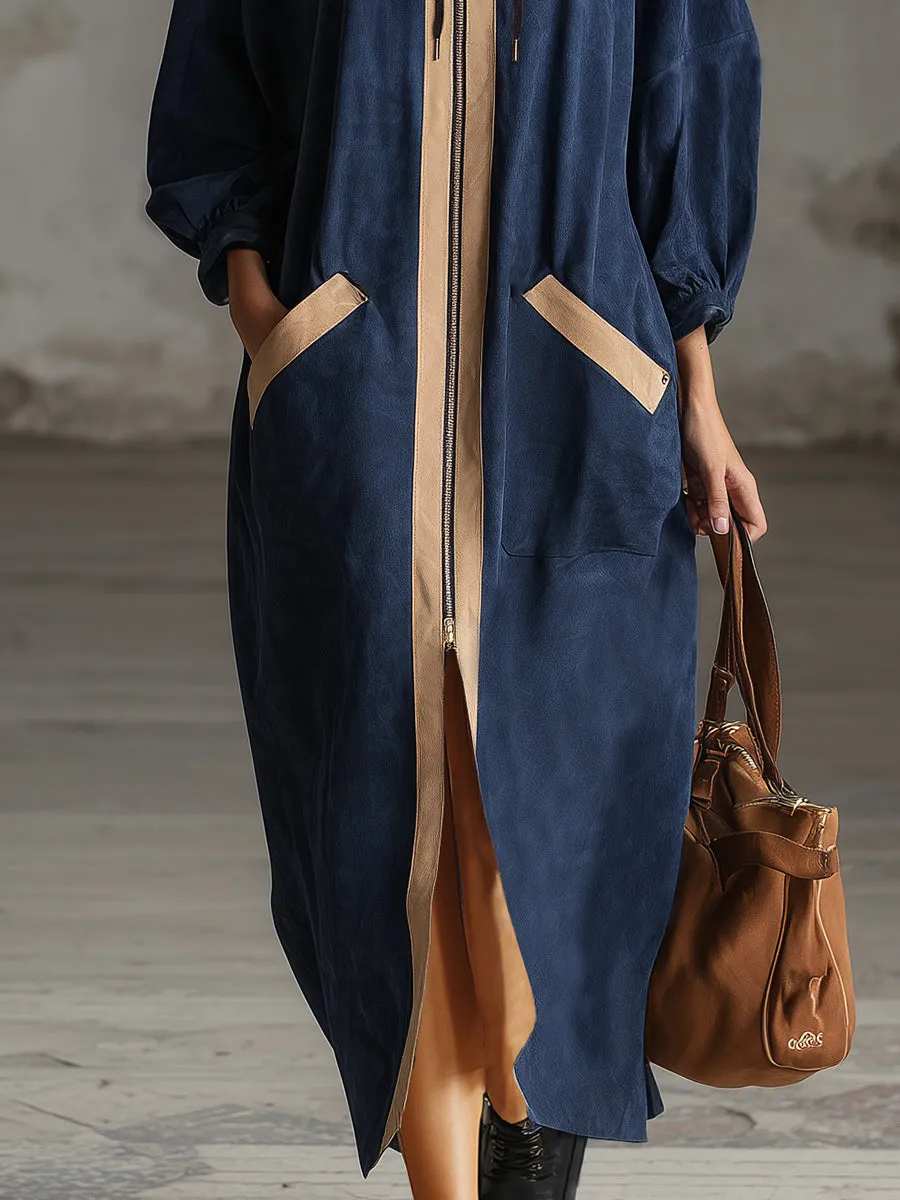 Loose-fitting, Casual Beige-trimmed Navy Blue Faux Suede Hooded Maxi Dress sold by Oyrosy product image thumbnail 4