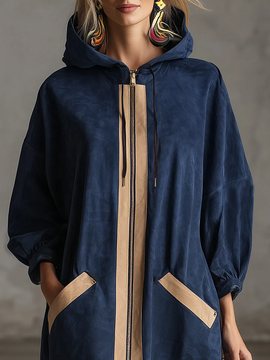 Loose-fitting, Casual Beige-trimmed Navy Blue Faux Suede Hooded Maxi Dress sold by Oyrosy product image thumbnail 3