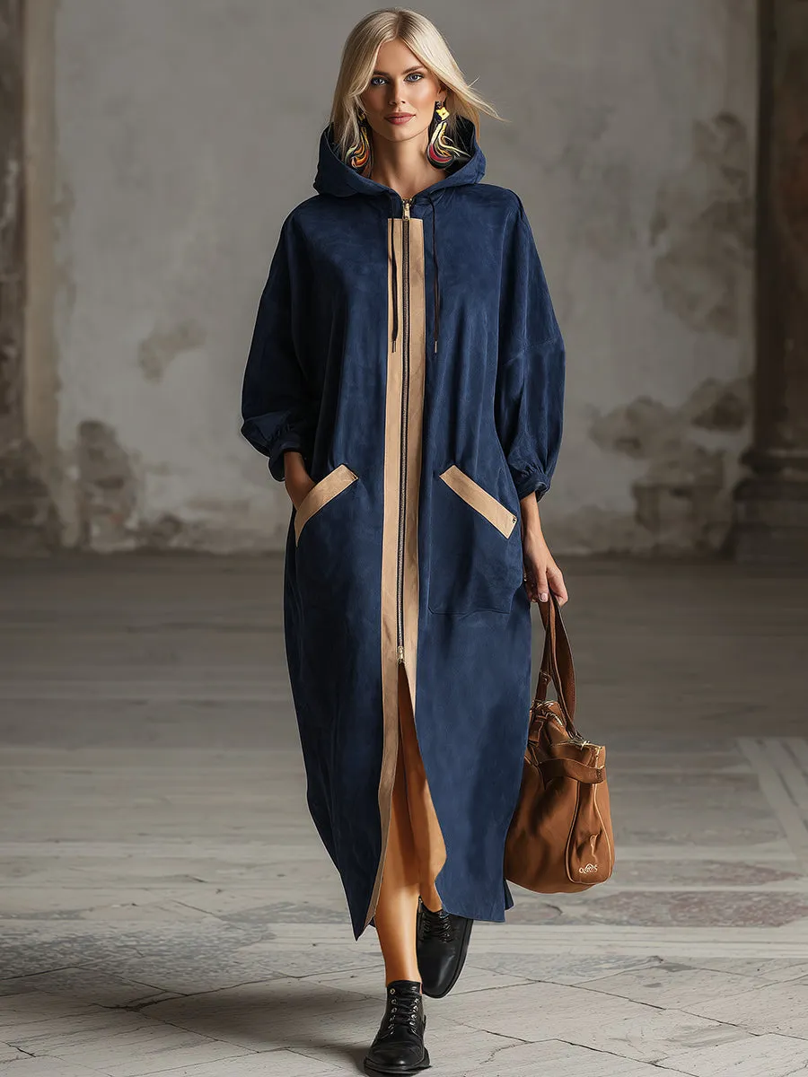 Loose-fitting, Casual Beige-trimmed Navy Blue Faux Suede Hooded Maxi Dress sold by Oyrosy product image thumbnail 2