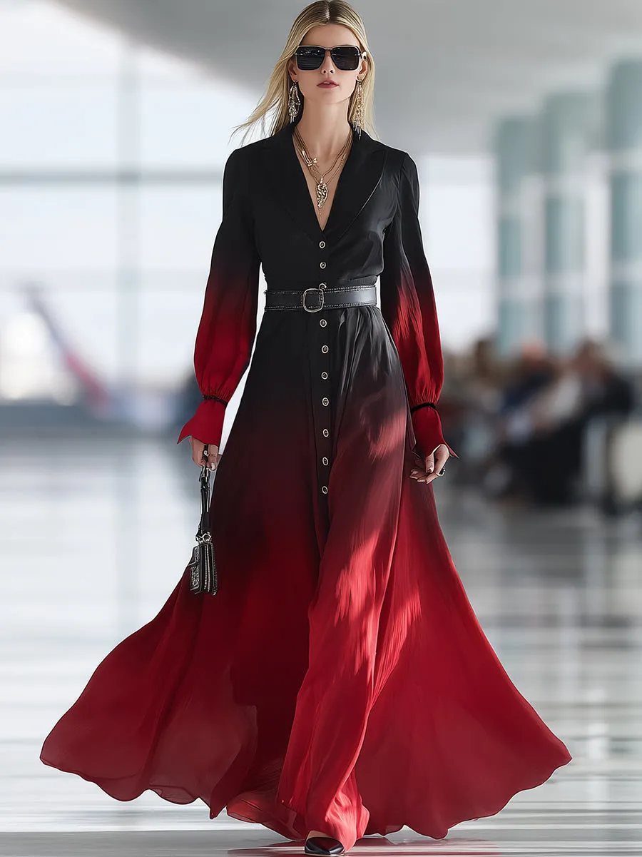 Stylish And Casual Button-down Collar Black And Red Gradient Maxi Dress sold by Oyrosy product image thumbnail 2