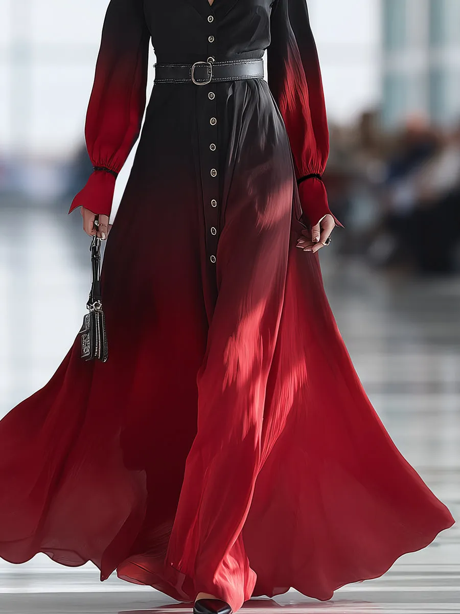 Stylish And Casual Button-down Collar Black And Red Gradient Maxi Dress sold by Oyrosy product image thumbnail 4