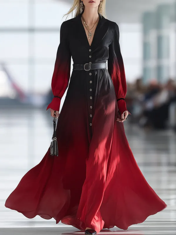 Stylish And Casual Button-down Collar Black And Red Gradient Maxi Dress sold by Oyrosy