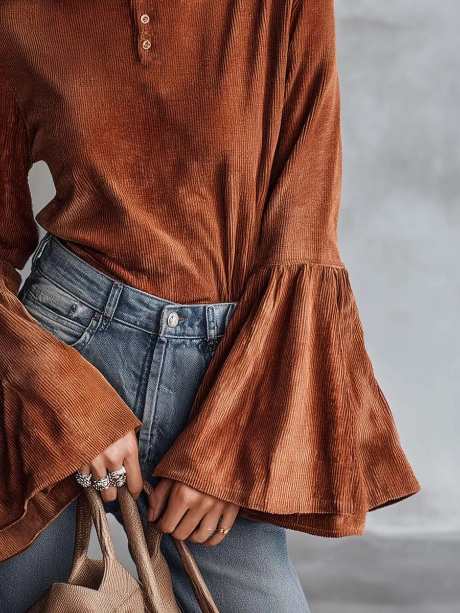 Elegant Vintage High-neck Front Button Bell-sleeve Rust Orange Chenille Blouse sold by Oyrosy product image thumbnail 4