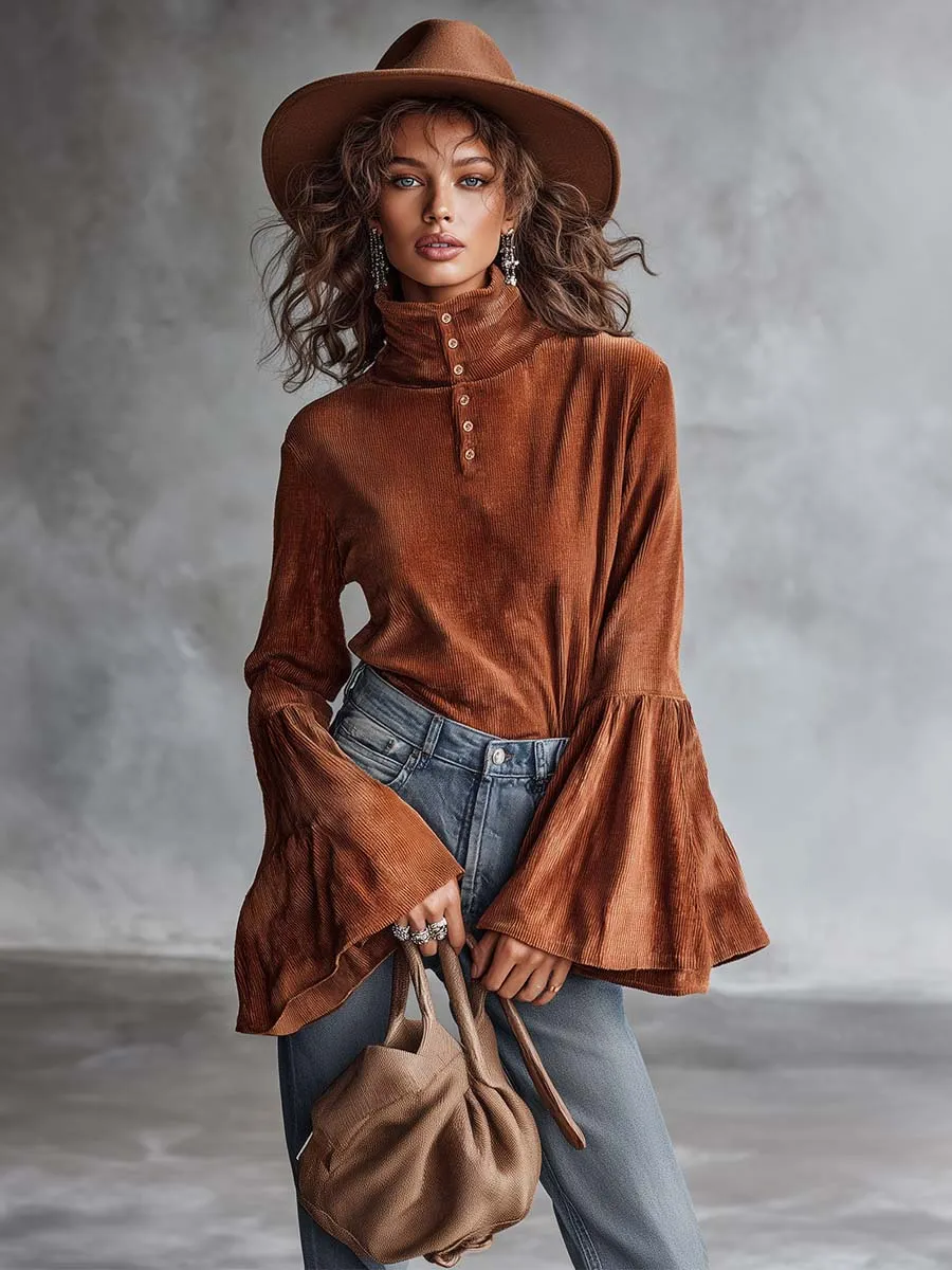 Elegant Vintage High-neck Front Button Bell-sleeve Rust Orange Chenille Blouse sold by Oyrosy product image thumbnail 2