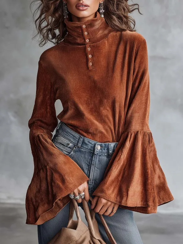 Elegant Vintage High-neck Front Button Bell-sleeve Rust Orange Chenille Blouse made by Oyrosy