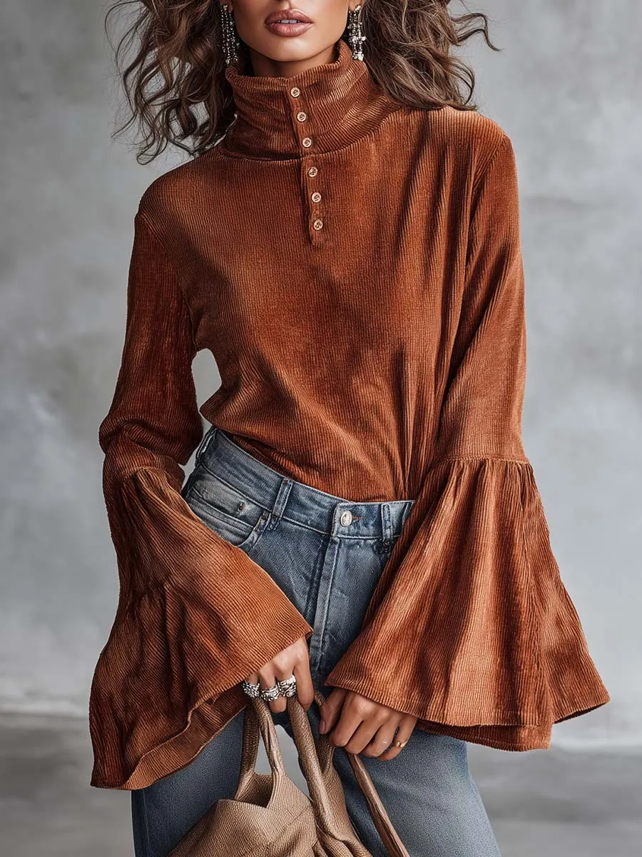 Elegant Vintage High-neck Front Button Bell-sleeve Rust Orange Chenille Blouse sold by Oyrosy