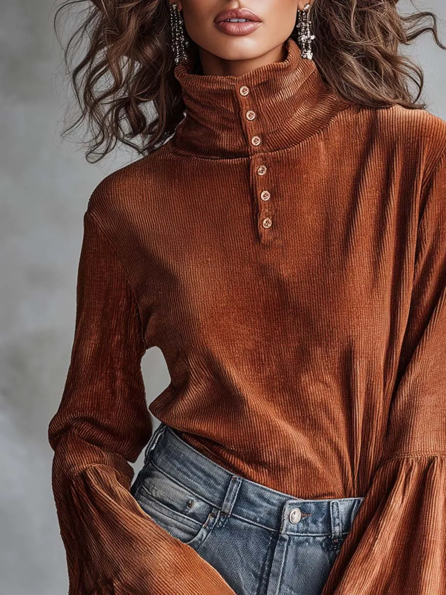 Elegant Vintage High-neck Front Button Bell-sleeve Rust Orange Chenille Blouse sold by Oyrosy product image thumbnail 3