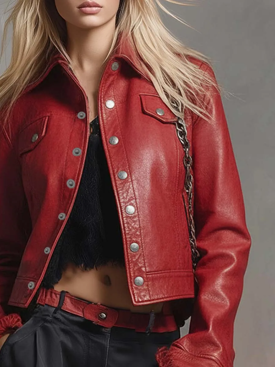 Vintage Fashion Lapel Front Button Lace Cuffs Red Eco-friendly Leather Jacket sold by Oyrosy product image thumbnail 4