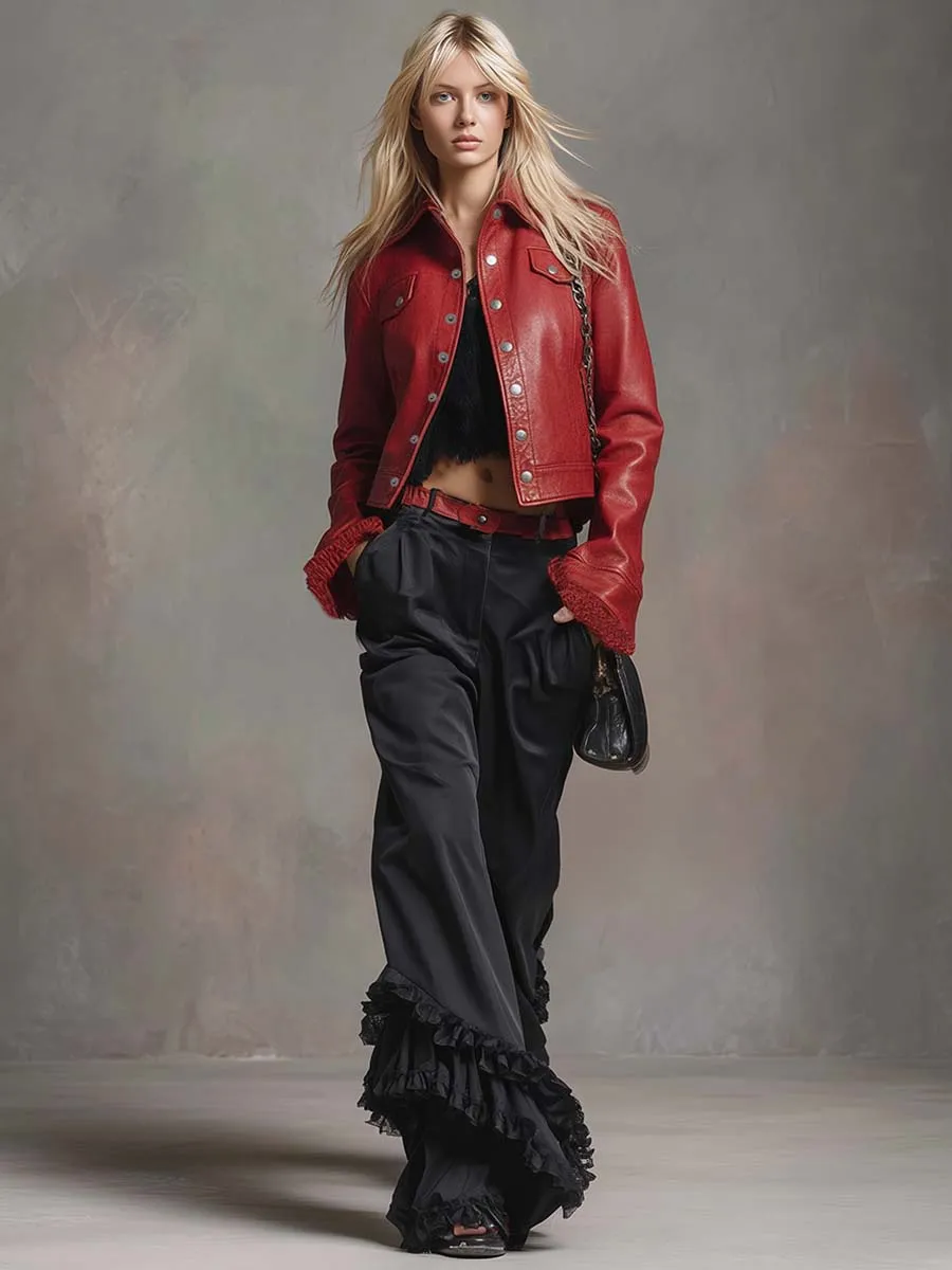 Vintage Fashion Lapel Front Button Lace Cuffs Red Eco-friendly Leather Jacket sold by Oyrosy product image thumbnail 2