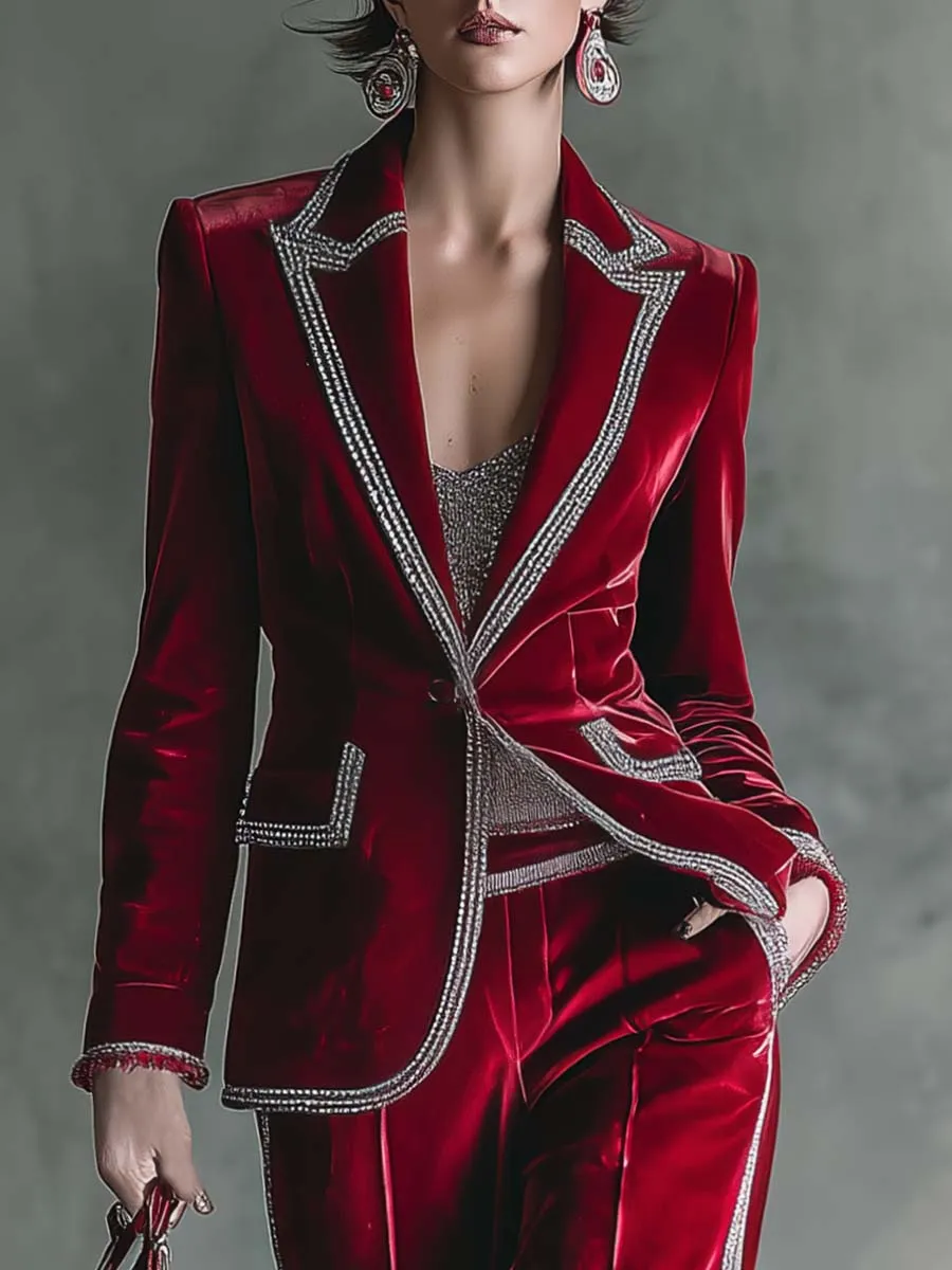 Elegant Retro Exquisite Silver Trim Peak Lapel Dark Red Velvet Blazer And Pants Set sold by Oyrosy product image thumbnail 3