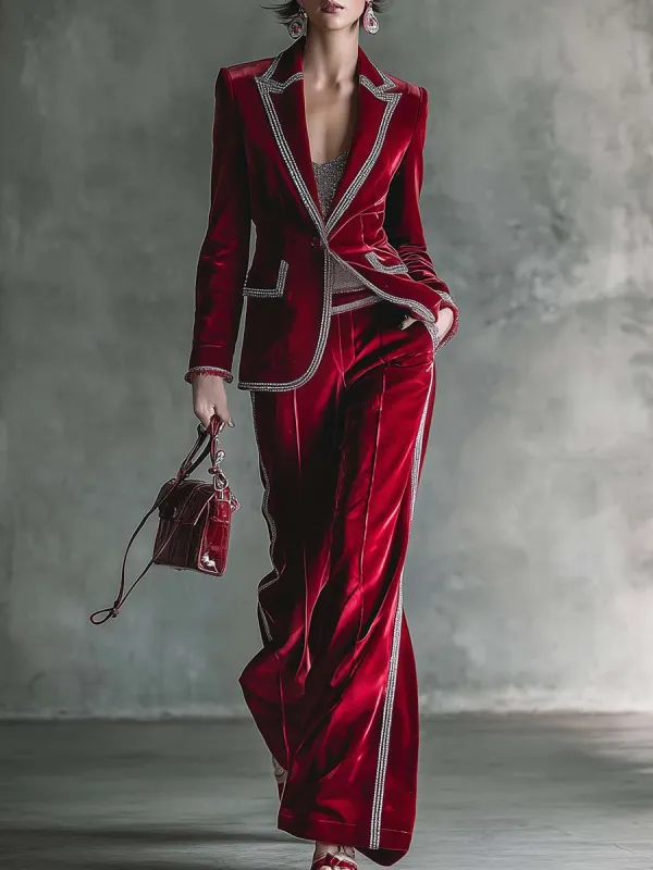 Elegant Retro Exquisite Silver Trim Peak Lapel Dark Red Velvet Blazer And Pants Set sold by Oyrosy