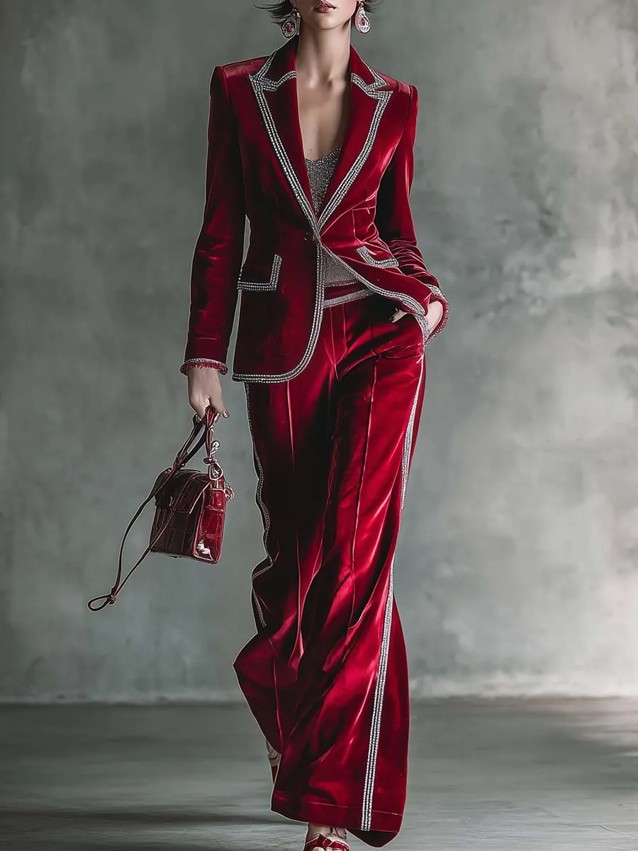 Elegant Retro Exquisite Silver Trim Peak Lapel Dark Red Velvet Blazer And Pants Set sold by Oyrosy