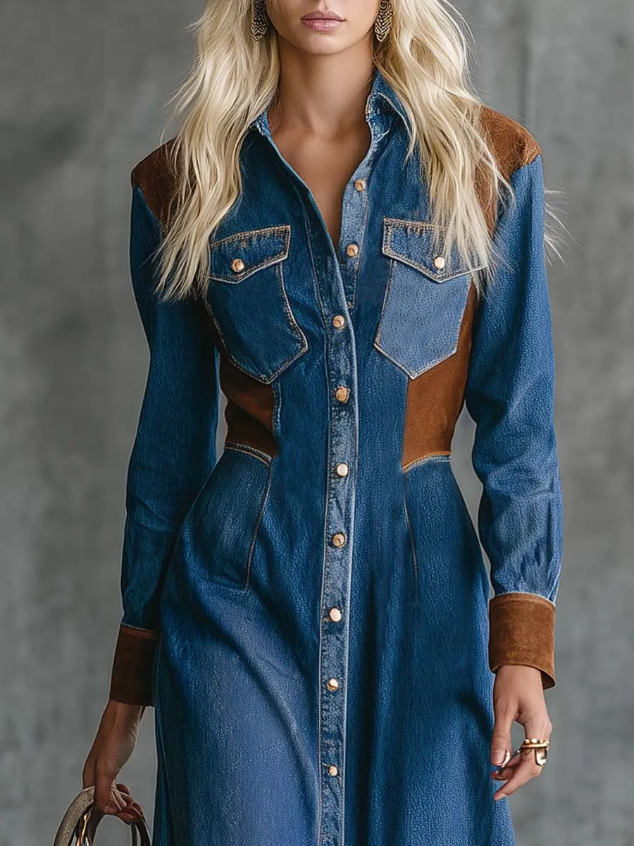 Vintage Western Front-button Suede Patchwork Blue Denim Midi Dress sold by Oyrosy product image thumbnail 3