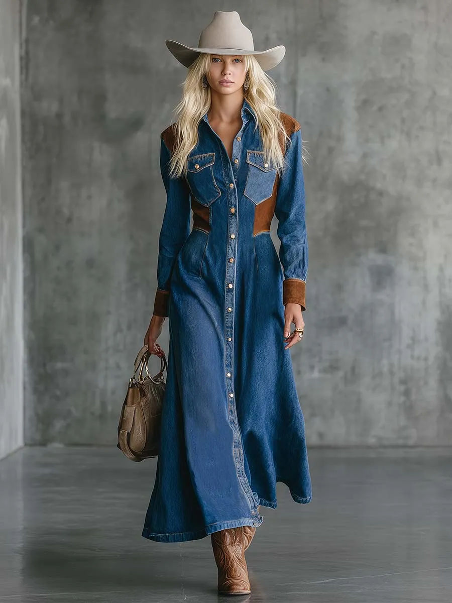 Vintage Western Front-button Suede Patchwork Blue Denim Midi Dress sold by Oyrosy product image thumbnail 2