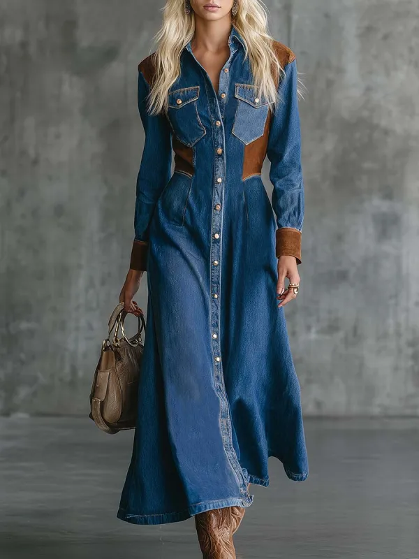 Vintage Western Front-button Suede Patchwork Blue Denim Midi Dress sold by Oyrosy