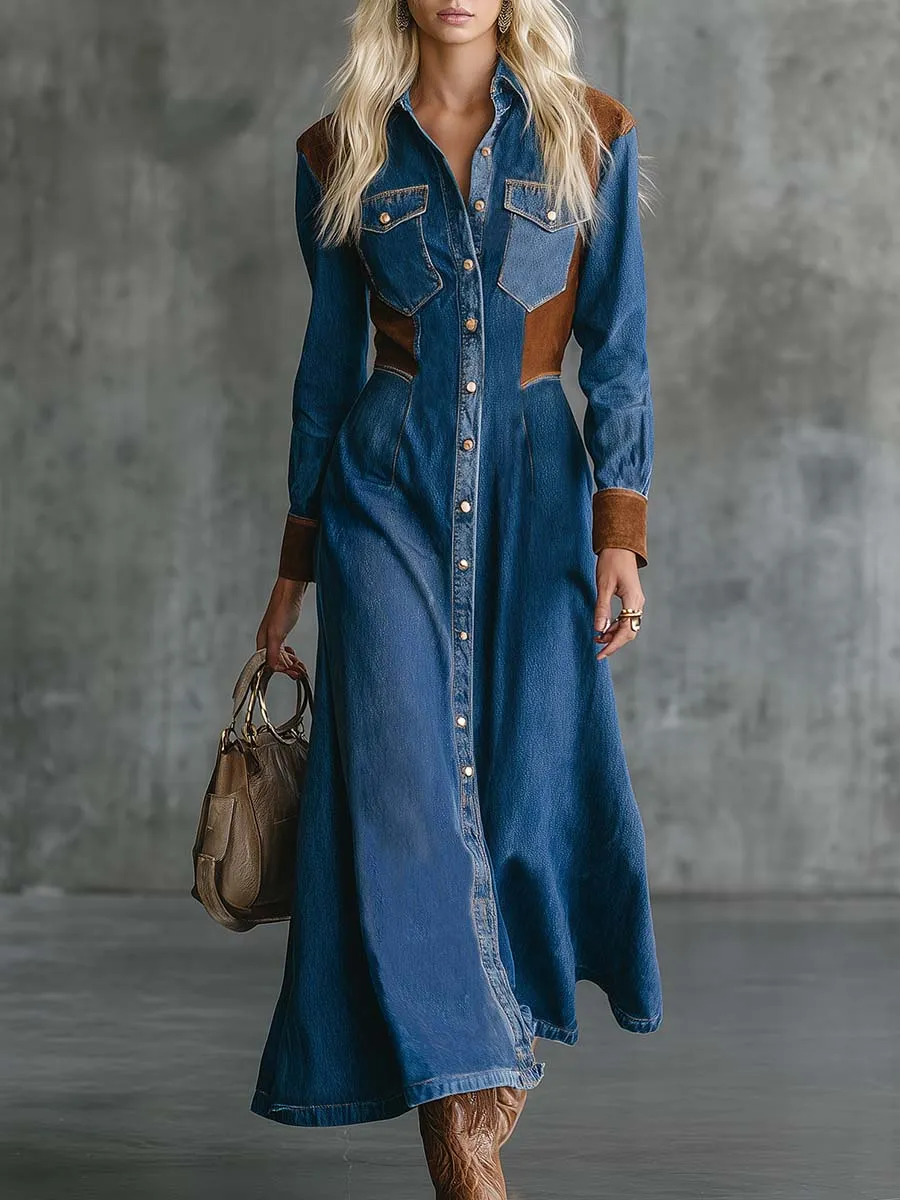 Vintage Western Front-button Suede Patchwork Blue Denim Midi Dress sold by Oyrosy