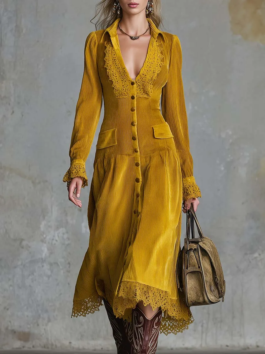 Vintage Western Elegant V-neck Front Button Lace Trim Gold Corduroy Midi Dress sold by Oyrosy