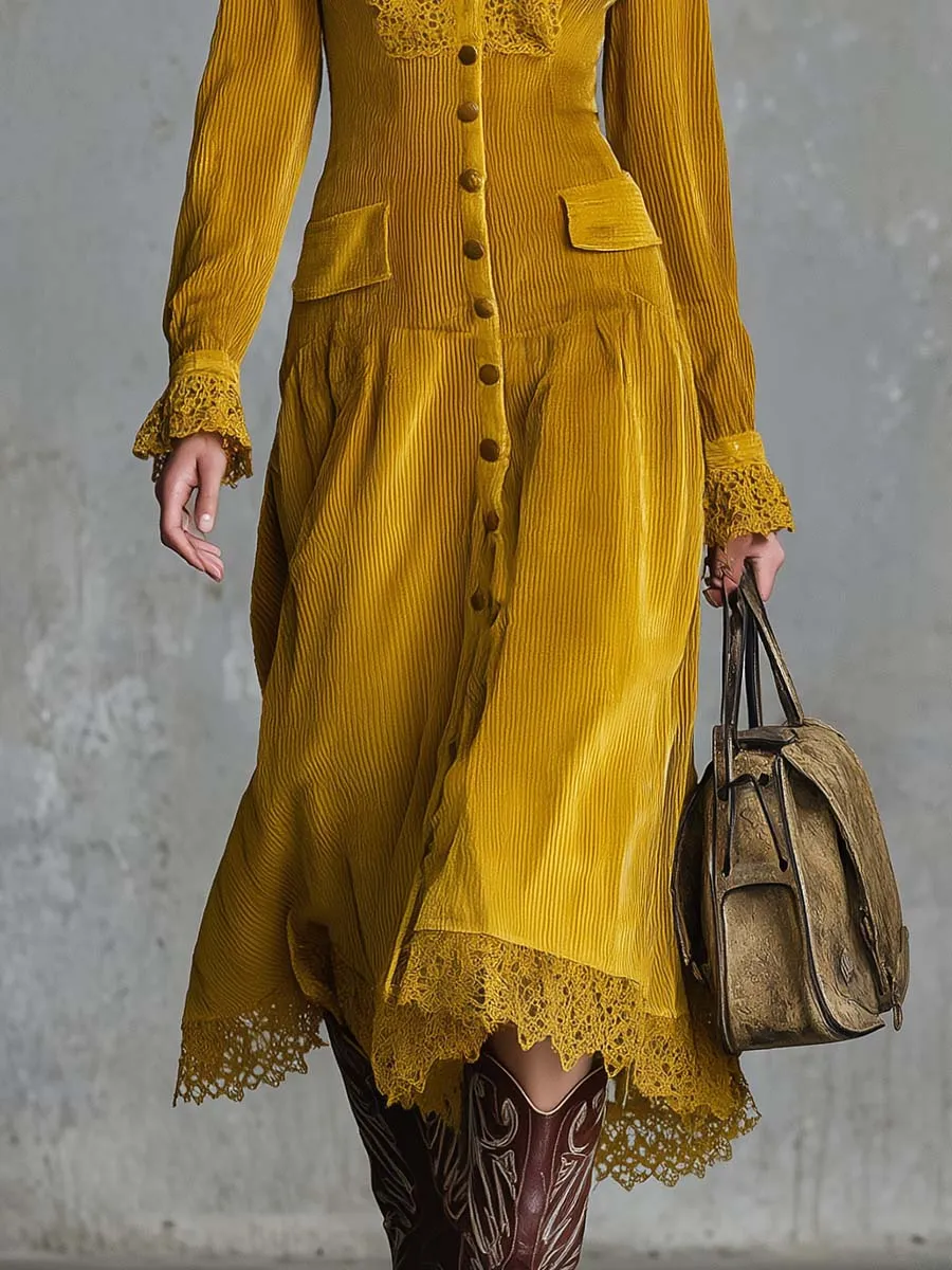 Vintage Western Elegant V-neck Front Button Lace Trim Gold Corduroy Midi Dress sold by Oyrosy product image thumbnail 4