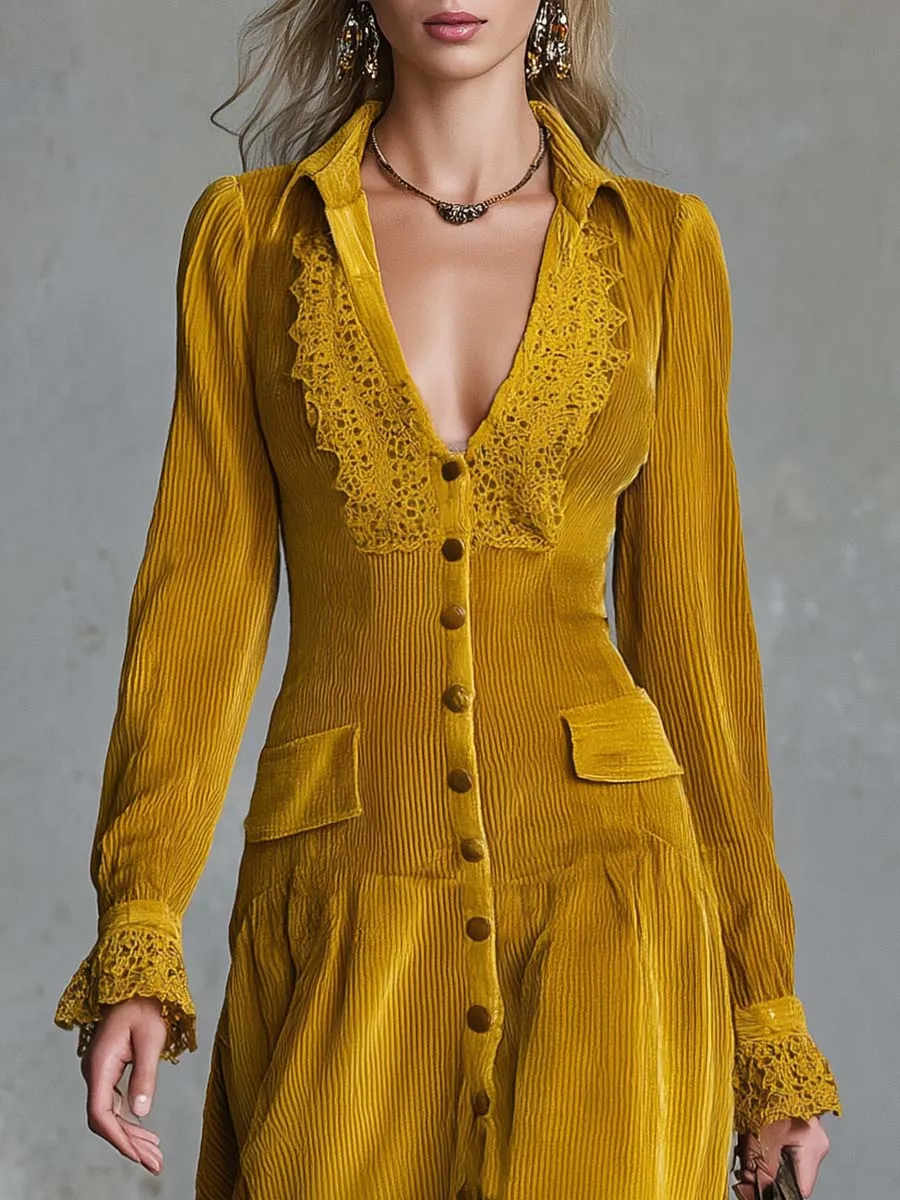 Vintage Western Elegant V-neck Front Button Lace Trim Gold Corduroy Midi Dress sold by Oyrosy product image thumbnail 3