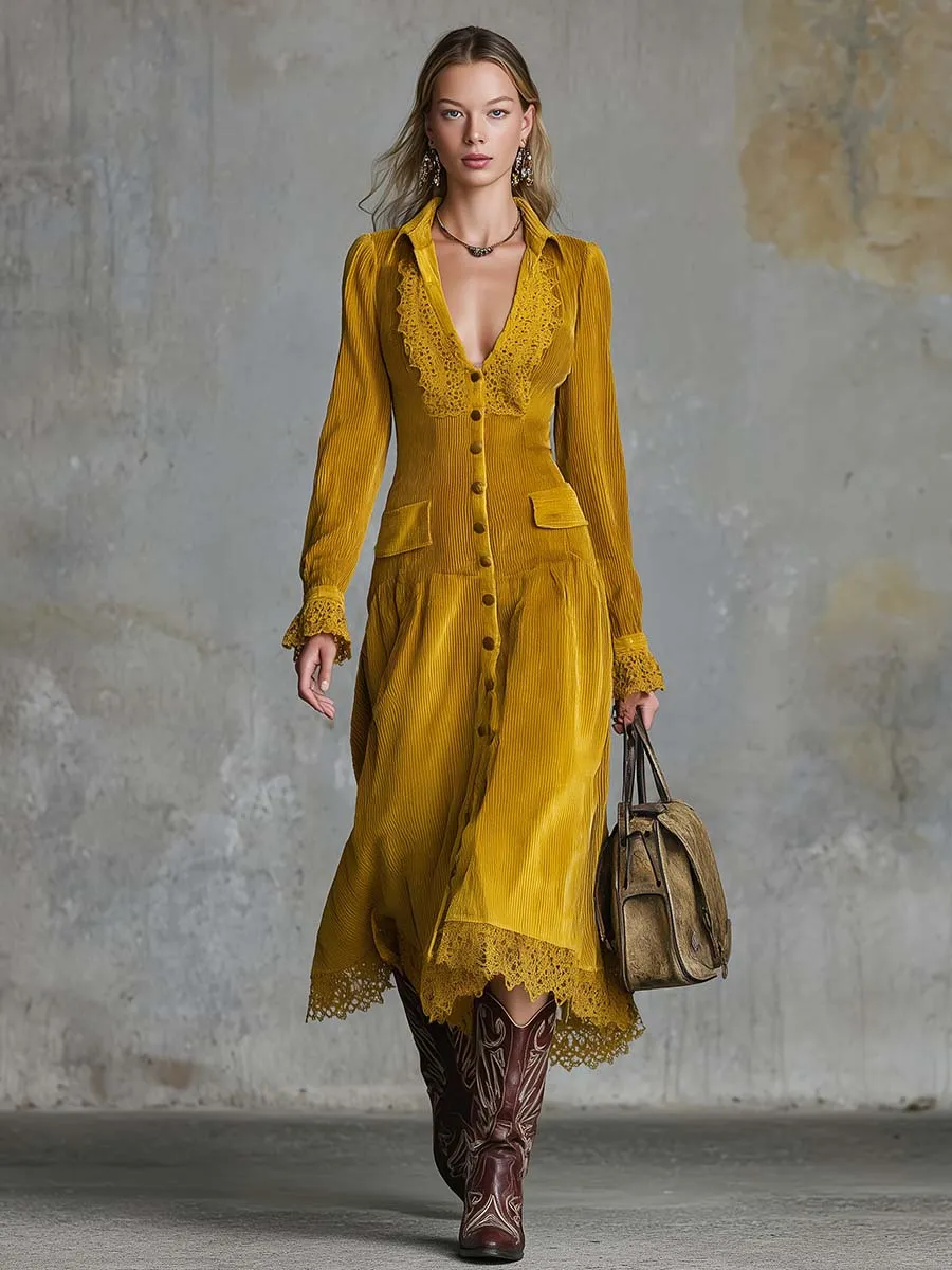 Vintage Western Elegant V-neck Front Button Lace Trim Gold Corduroy Midi Dress sold by Oyrosy product image thumbnail 2